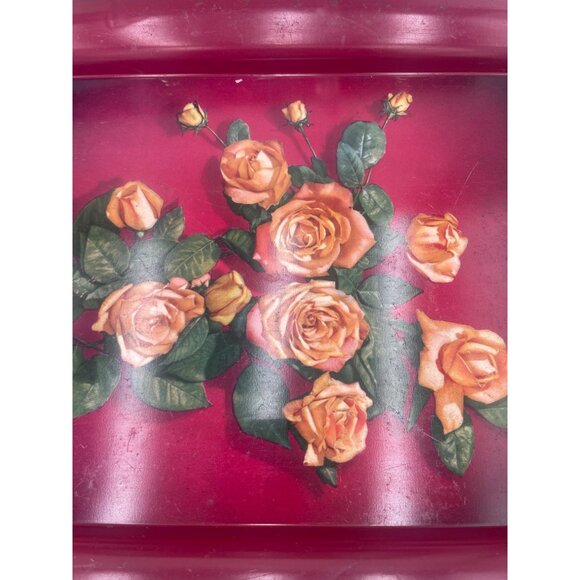 Vintage Floral Metal Serving Trays Set Of 2 Rose Design Boho Chic Burgundy - Picture 5 of 5